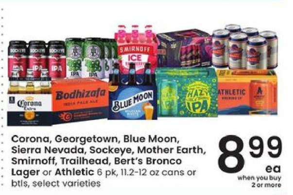Corona, Georgetown, Blue Moon, Sierra Nevada, Sockeye, Mother Earth, Smirnoff, Trailhead, Bert’s Bronco Lager or Athletic