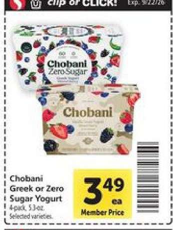 Chobani Greek or Zero Sugar Yogurt