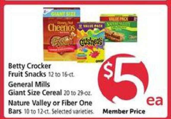 Betty Crocker Fruit Snacks, General Mills Giant Size Cereal, Nature Valley or Fiber One Bars