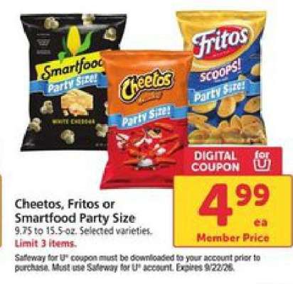 Cheetos, Fritos or Smartfood Party Size
