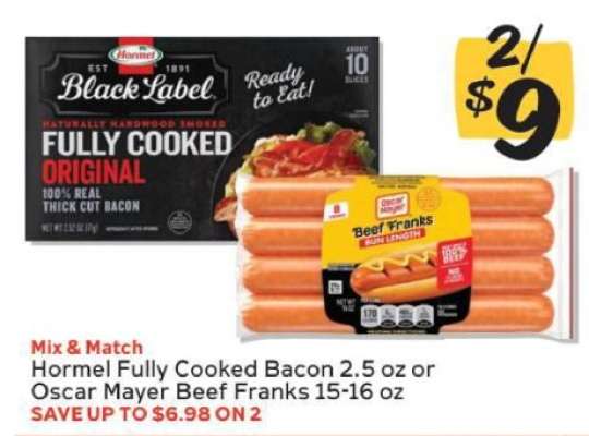 Hormel Fully Cooked Bacon or Oscar Mayer Beef Franks