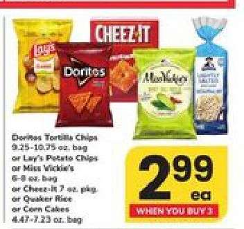 Doritos, Lay's, Miss Vickie's, Cheez-It, Quaker Rice or Corn Cakes