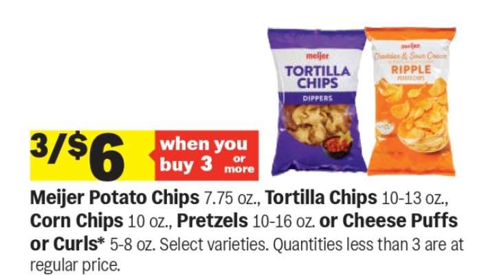Meijer Potato Chips, Tortilla Chips, Corn Chips, Pretzels, Cheese Puffs or Curls