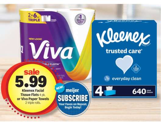 Kleenex Facial Tissue Flats 4 pk. or Viva Paper Towels