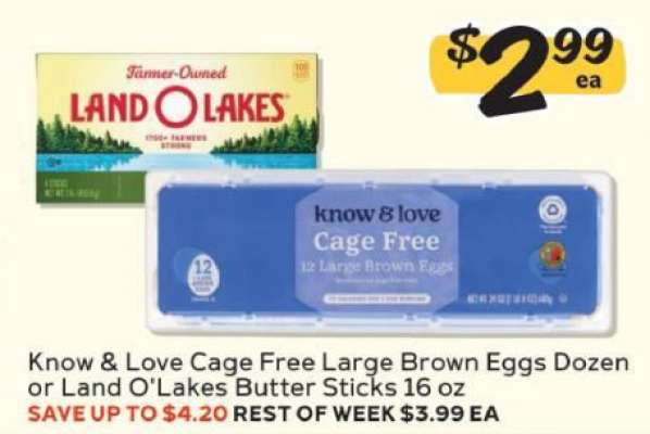 Know & Love Cage Free Large Brown Eggs Dozen or Land O'Lakes Butter Sticks 16 oz