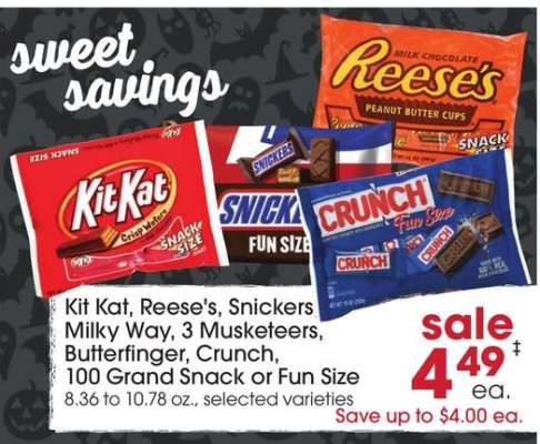 Kit Kat, Reese's, Snickers, Milky Way, 3 Musketeers, Butterfinger, Crunch, 100 Grand Snack or Fun Size