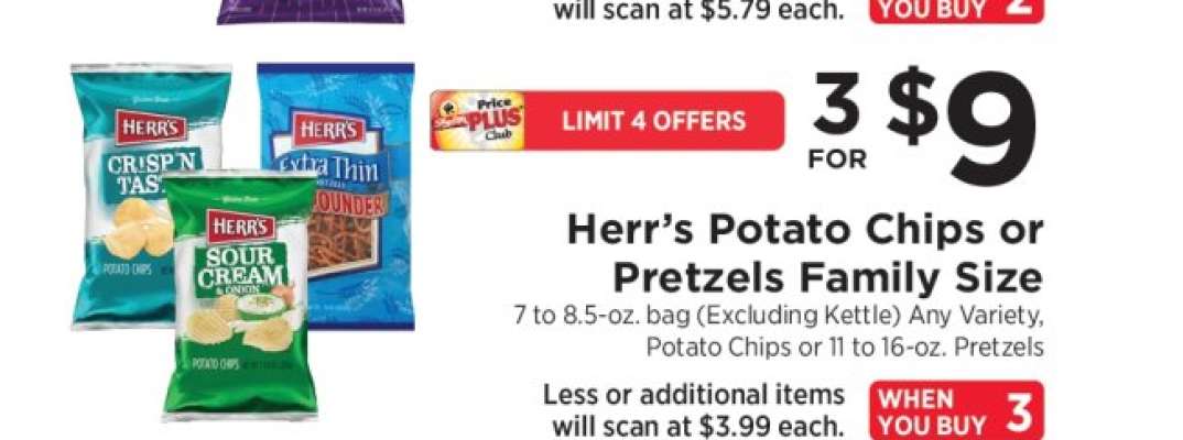 Herr's Potato Chips or Pretzels Family Size