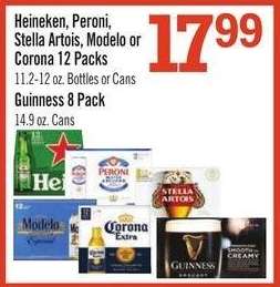 Heineken, Peroni, Stella Artois, Modelo or Corona 12 Packs