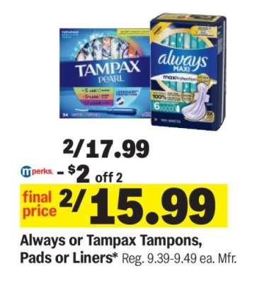 Always or Tampax Tampons, Pads or Liners