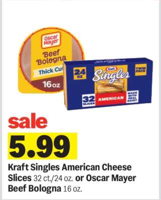 Kraft Singles American Cheese Slices or Oscar Mayer Beef Bologna