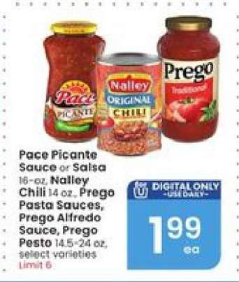 Pace Picante Sauce or Salsa, Nalley Chili, Prego Pasta Sauces, Prego Alfredo Sauce, Prego Pesto