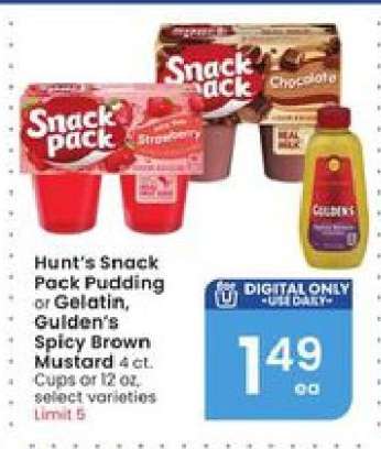 Hunt's Snack Pack Pudding or Gelatin, Gulden's Spicy Brown Mustard