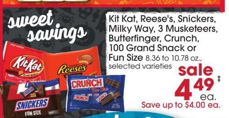 Kit Kat, Reese's, Snickers, Milky Way, 3 Musketeers, Butterfinger, Crunch, 100 Grand Snack or Fun Size