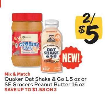 Quaker Oat Shake & Go or SE Grocers Peanut Butter