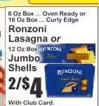 Ronzoni Lasagna or Jumbo Shells