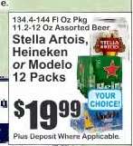 Stella Artois, Heineken or Modelo 12 Packs