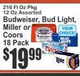 Budweiser, Bud Light, Miller or Coors 18 Pack