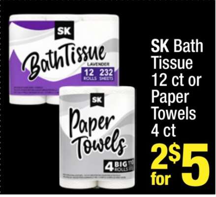 SK Bath Tissue 12 ct or Paper Towels 4 ct