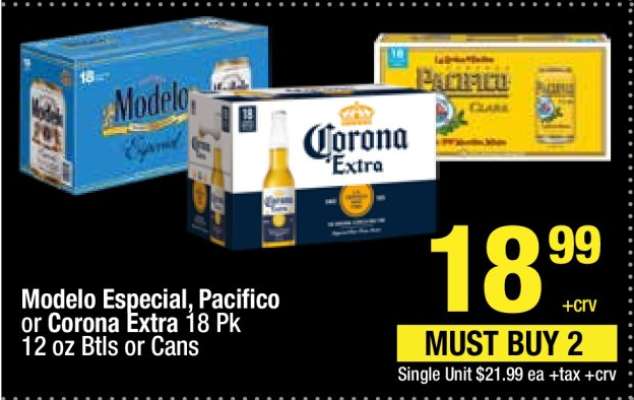 Modelo Especial, Pacifico or Corona Extra 18 Pk