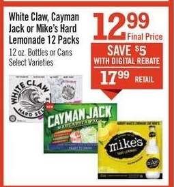 White Claw, Cayman Jack or Mike’s Hard Lemonade 12 Packs