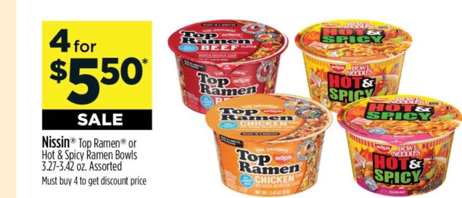 Nissin Top Ramen or Hot & Spicy Ramen Bowls