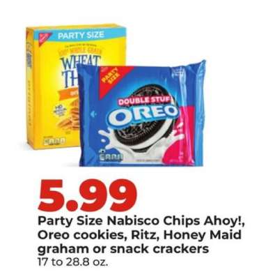 Party Size Nabisco Chips Ahoy!, Oreo cookies, Ritz, Honey Maid graham or snack crackers