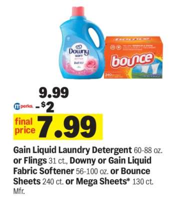 Gain Liquid Laundry Detergent or Flings, Downy or Gain Liquid Fabric Softener, Bounce Sheets or Mega Sheets
