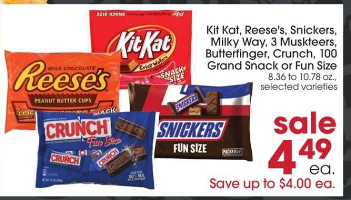 Kit Kat, Reese's, Snickers, Milky Way, 3 Musketeers, Butterfinger, Crunch, 100 Grand Snack or Fun Size