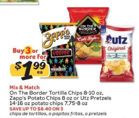 On The Border Tortilla Chips, Zapp's Potato Chips, Utz Pretzels