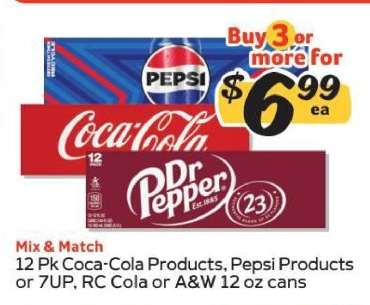 12 Pk Coca-Cola Products, Pepsi Products or 7UP, RC Cola or A&W 12 oz cans