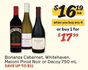 Bonanza Cabernet, Whitehaven, Meiomi Pinot Noir or Decoy 750 mL