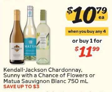 Kendall-Jackson Chardonnay, Sunny With A Chance of Flowers or Matua Sauvignon Blanc