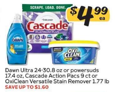 Dawn Ultra, Cascade Action Pacs, OxiClean Versatile Stain Remover