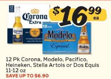 12 Pk Corona, Modelo, Pacifico, Heineken, Stella Artois or Dos Equis