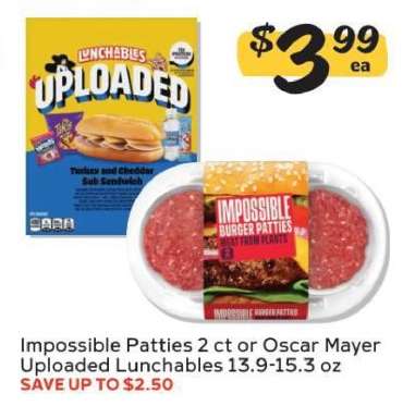 Impossible Patties 2 ct or Oscar Mayer Uploaded Lunchables