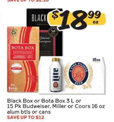 Black Box or Bota Box 3 L or 15 Pk Budweiser, Miller or Coors 16 oz alum btls or cans