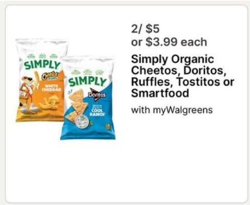 Simply Organic Cheetos, Doritos, Ruffles, Tostitos or Smartfood