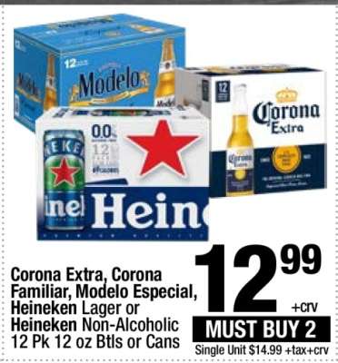 Corona Extra, Corona Familiar, Modelo Especial, Heineken Lager or Heineken Non-Alcoholic