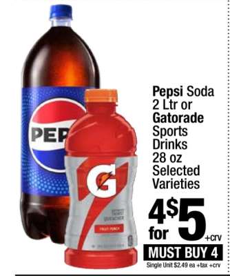 Pepsi Soda 2 Ltr or Gatorade Sports Drinks 28 oz