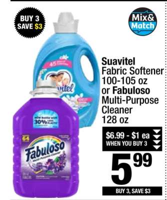 Suavitel fabric softener or Fabuloso multi-purpose cleaner