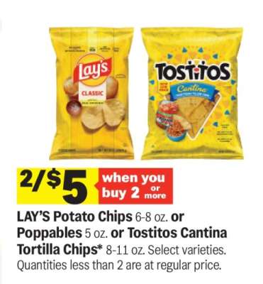 LAY’S Potato Chips or Tostitos Cantina Tortilla Chips