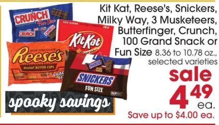Kit Kat, Reese's, Snickers, Milky Way, 3 Musketeers, Butterfinger, Crunch, 100 Grand Snack or Fun Size