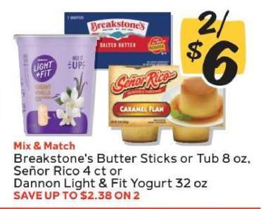 Breakstone's Butter Sticks or Tub, Señor Rico, Dannon Light & Fit Yogurt