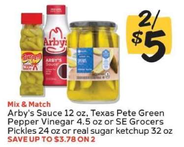 Arby's Sauce, Texas Pete Green Pepper Vinegar, SE Grocers Pickles, Real Sugar Ketchup