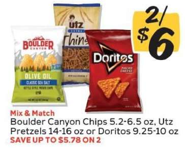 Boulder Canyon Chips, Utz Pretzels, or Doritos