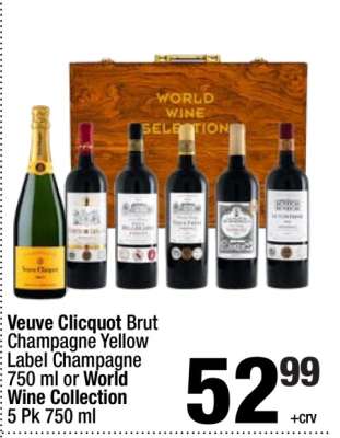 Veuve Clicquot Brut Champagne Yellow Label Champagne 750 ml or World Wine Collection 5 Pk 750 ml