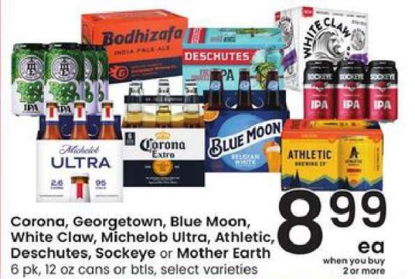 Corona, Georgetown, Blue Moon, White Claw, Michelob Ultra, Athletic, Deschutes, Sockeye or Mother Earth