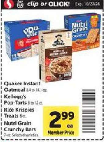 Quaker Instant Oatmeal, Kellogg's Pop-Tarts, Rice Krispies Treats, Nutri Grain Crunchy Bars