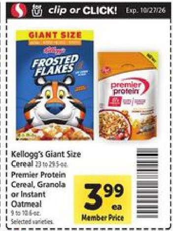 Kellogg's Giant Size Cereal / Premier Protein Cereal, Granola or Instant Oatmeal