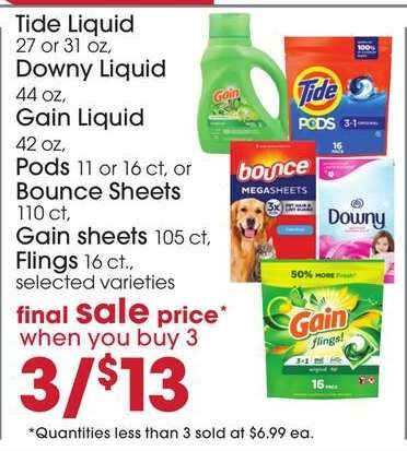 Tide Liquid, Downy Liquid, Gain Liquid, Pods, Bounce Sheets, Gain sheets, Flings